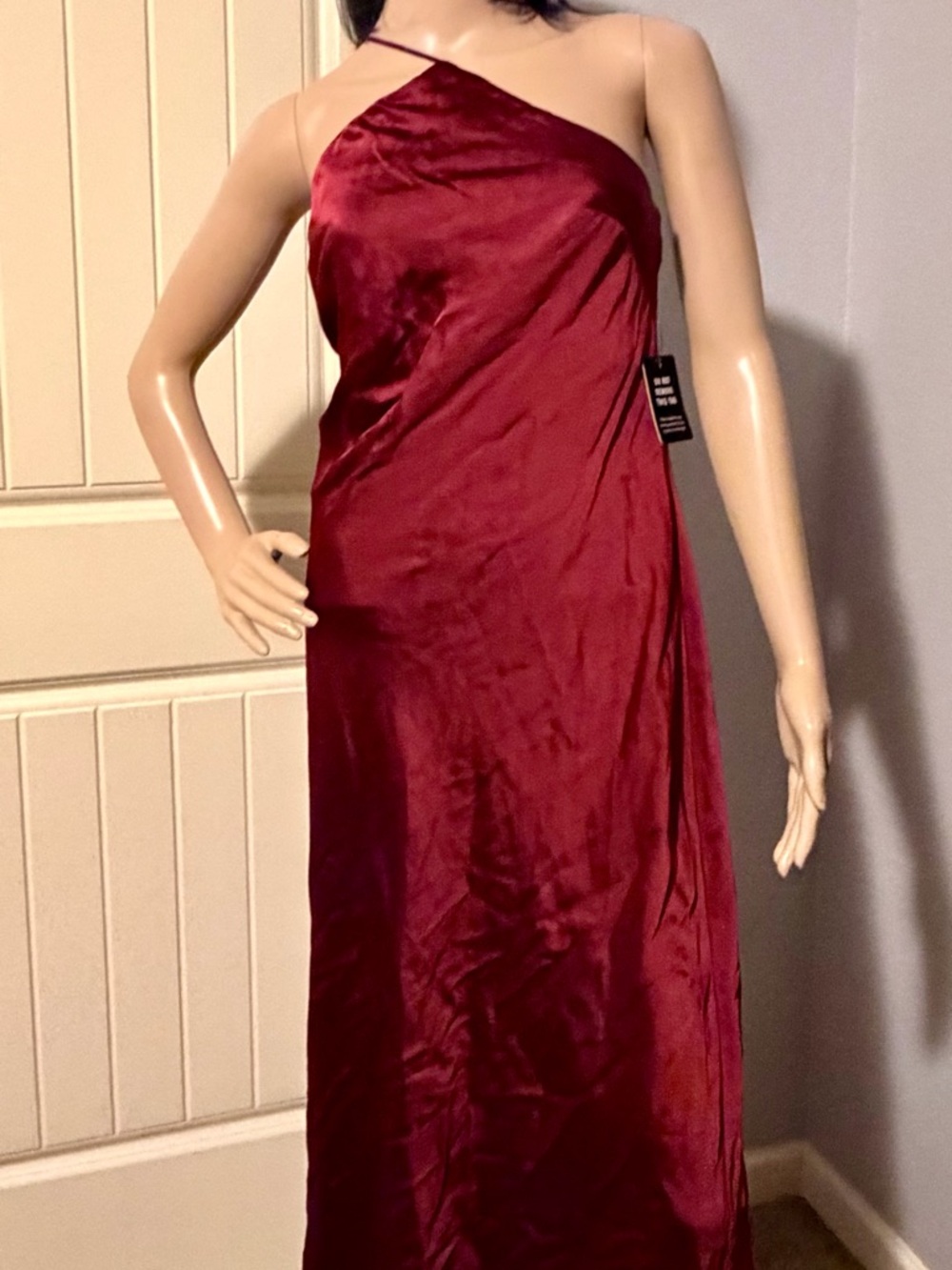 Express Satin One-Shoulder Maxi Dress in Burgundy